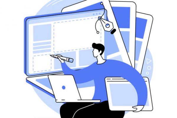 Visual design isolated cartoon vector illustrations. Focused IT company UX designer working with website visual, site development, style guide creation, modern technology vector cartoon.